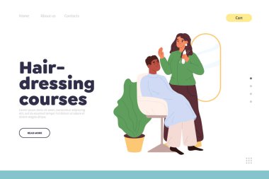 Berber dükkanındaki kadın kuaförle kuaförlerin saç kesimi konsepti. Kuaför, erkek müşteriyle berber gibi çalışır. Çizgi film düz vektör çizimi