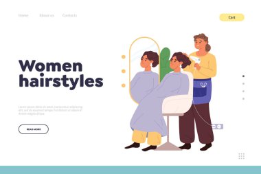 Kuaförlü kadın saç stili konsepti kuaförlü saç kurutma makineli müşteriye yıkama ve kuaförde saç kesimi yaptırma. Güzellik uzmanı müşteriyle çalışıyor. Düz vektör illüstrasyonu