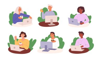 Bilgisayarlı, bilgisayarlı ve kahveli serbest çalışanlar ev işyerinden ya da ortak çalışma alanından uzak çalışıyor. Serbest çalışanlar çalışma alanında kahve içerler. Çizgi film düz vektör çizimi