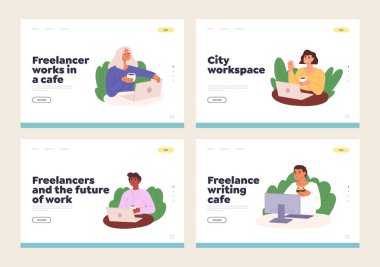 Bağımsızlar, birlikte çalışma alanından uzak olarak dizüstü bilgisayarlı ve kahveli bağımsız çalışanlarla birlikte iniş sayfaları konseptinde çalışırlar. Bağımsızlar kahve içer. Çizgi film düz vektör çizimi