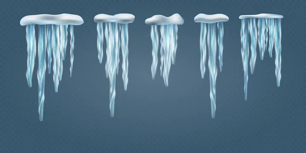 一套现实透明的冬雪冰柱 蓝色背景的冰柱 圣诞雪地 寒假装饰品 3D矢量说明 — 图库矢量图片