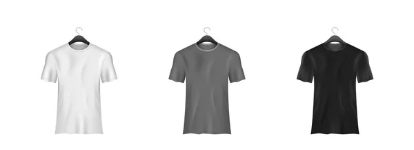 灰色和黑色T恤设置在机架悬挂模型 体育空白衬衫模板前视图 男男女女服装时尚 服装实用印花制服 3D矢量说明 — 图库矢量图片