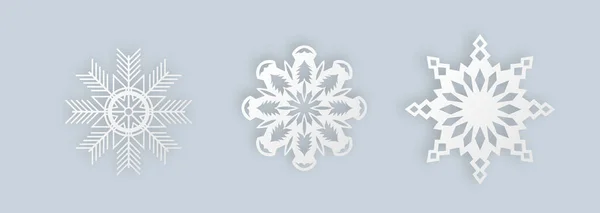 Realistisch Papier Gesneden Sneeuwvlokken Kerst Set Sneeuw Pictogrammen Begint Elementen — Stockvector