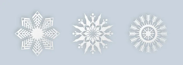现实的纸雪花设置 为圣诞设计 寒假装饰 新年庆祝 切下雪花元素 3D矢量说明 — 图库矢量图片