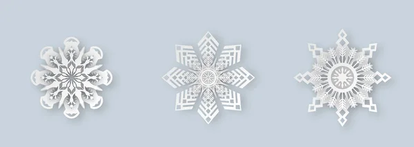 Christmas Snowflakes Realistic Paper Cut Symbols Set Snow Starts Elements — Stock Vector