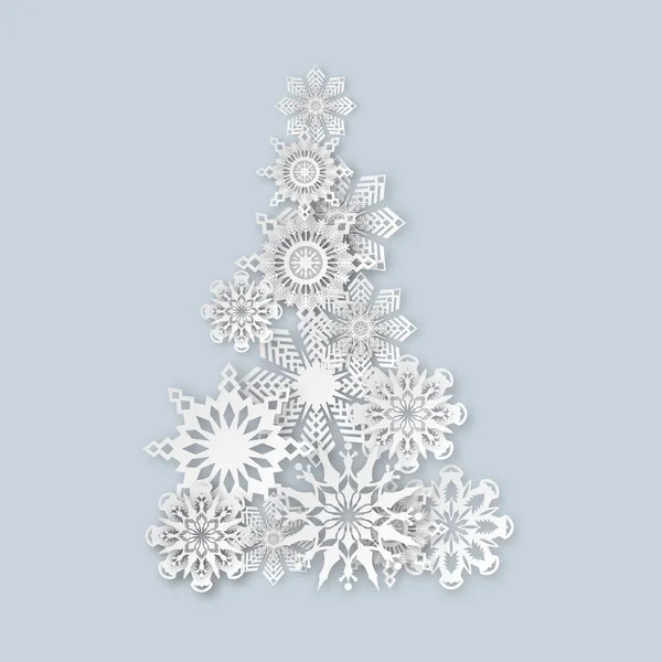 Símbolo Árvore Natal Flocos Neve Papel Realistas Neve Começa Elementos — Vetor de Stock