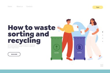 İniş sayfası konseptini kadın ve erkeğin cam ve kağıt atmasıyla nasıl boşa harcayacağımızı. İnsanlar çöp kutularına geri dönüşüm için çöp koyar. Çizgi film düz vektör çizimi