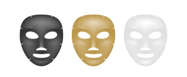 Gerçekçi yüz maskeleri ayarlandı. Nemlendirici kozmetik şablon modeli. Güzellik ve cilt bakımı için siyah, gümüş ve altın yüz maskesi. Vektör illüstrasyonu