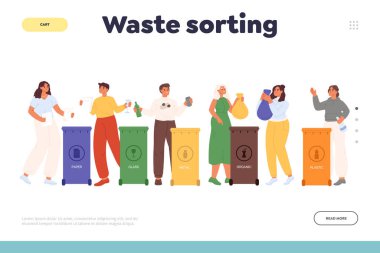 Geri dönüşüm kaplarında plastik, kağıt ve cam çöpleri toplayan insanların iniş sayfası israfı kavramı. Kadınlar ve erkekler çöpü atıyor. Düz çizgi film vektör çizimi