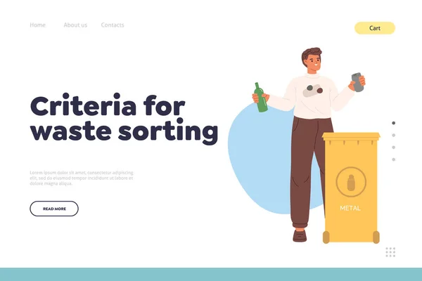 Criteria Waste Sorting Concept Landing Page Man Throwing Sorted Metal — Stock Vector