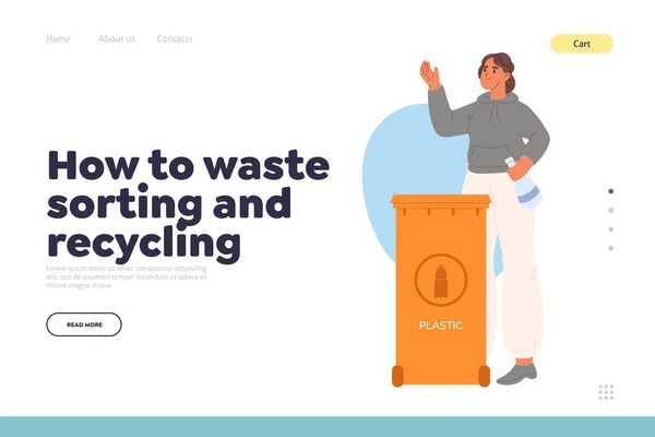 Afval Sorteren Recyclen Concept Van Landing Page Met Meisje Gooien — Stockvector
