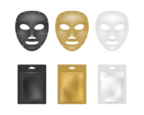Conjunto Máscaras Faciais Realistas Máscaras Faciais Pacote Saqueta Conjunto Mockup —  Vetores de Stock