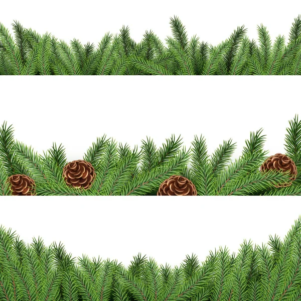 クリスマスと新年の冬の境界線は 現実的な松の木の枝と白い背景にコーンで設定されます カード ポスター バナー用のXmasフレーム要素 ベクターイラスト — ストックベクタ