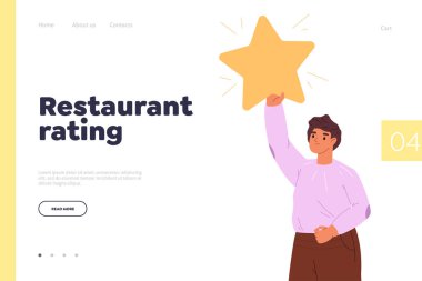 Restaurant derecelendirme konsepti erkek ile iniş sayfası bir yıldız memnuniyeti anketi tutun. Müşteri ya da tüketici kafe için geri bildirim yapıyor. Rütbe ve oran değerlendirmesi. Çizgi film düz vektör çizimi