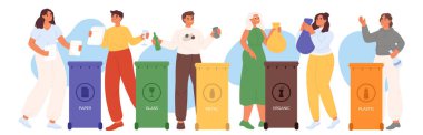 İnsanlar çöp kutusuna atık, plastik, kağıt ve cam atıkları ayırıyor. Kadınlar ve erkekler çöpü atıyor. Atık ayıklama konsepti. Düz çizgi film vektör çizimi