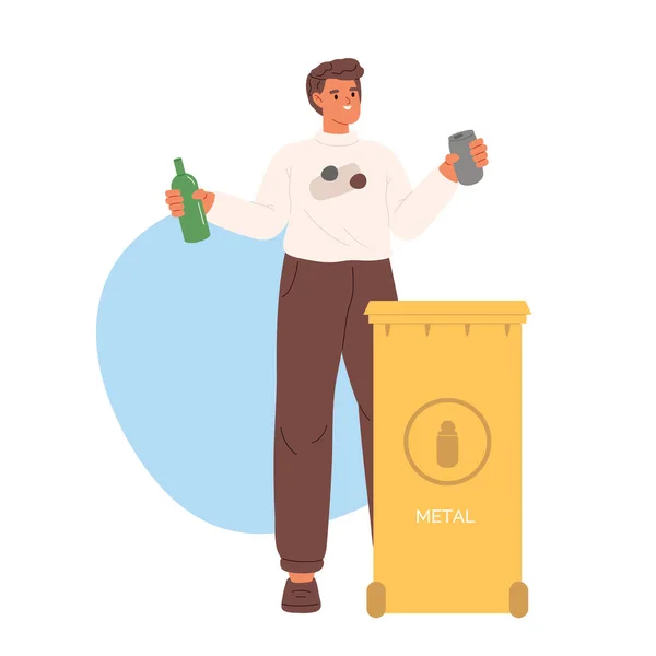 Człowiek Wyrzucający Odpad Metalu Pojemnika Śmieci Facet Sortuje Śmieci Recyklingu — Wektor stockowy