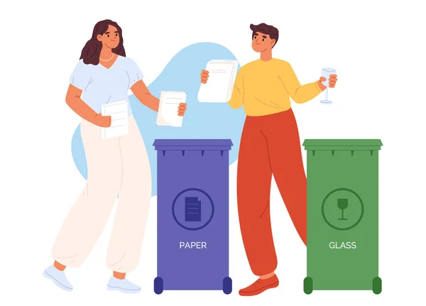 Mężczyzna Kobieta Sortujący Odpady Szkła Papieru Recyklingu Ludzie Wrzucający Śmieci — Wektor stockowy