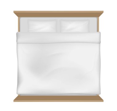 Çift kişilik yatak, beyaz yorgan, çarşaf ve yastık. Aile yatak odası, misafir odası ya da beyaz arka planda izole edilmiş otel için gerçekçi bir yatak. Vektör illüstrasyonu