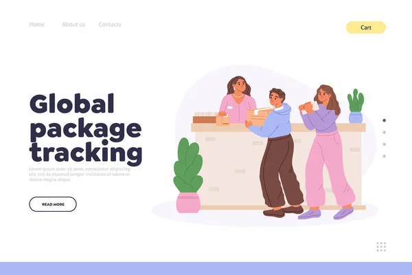 Globales Paketverfolgungskonzept Der Zielseite Mit Postangestellten Und Menschen Mit Paketkästen — Stockvektor