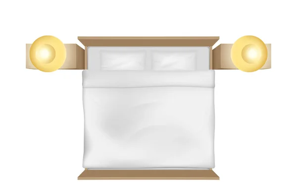 有床垫 白色毯子 床单和枕头 侧桌和灯具的王床 现实的家庭卧室床 白色背景隔离 矢量说明 — 图库矢量图片