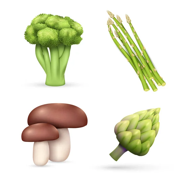 Realistiska Veganska Grönsaker Porcini Svamp Sparris Kronärtskocka Och Broccoli Växter — Stock vektor