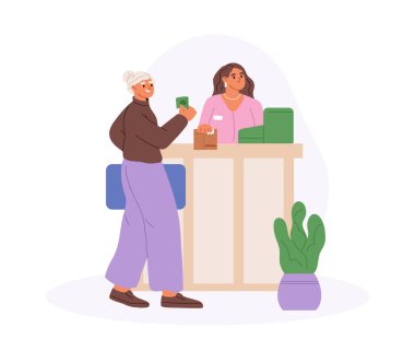 Postanedeki yaşlı kadın fatura ödüyor ya da posta göndermek için pul ve zarf alıyor. Posta ücretini ödeyen postacı kadın. Çizgi film düz vektör çizimi