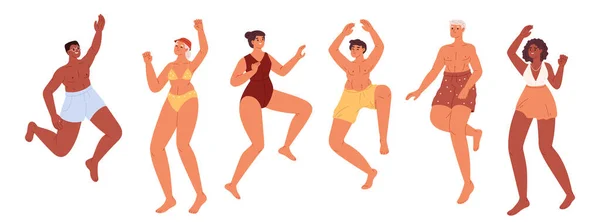 Gelukkige Jongeren Zwemkleding Die Dansen Een Strandfeest Aan Zee Groep — Stockvector