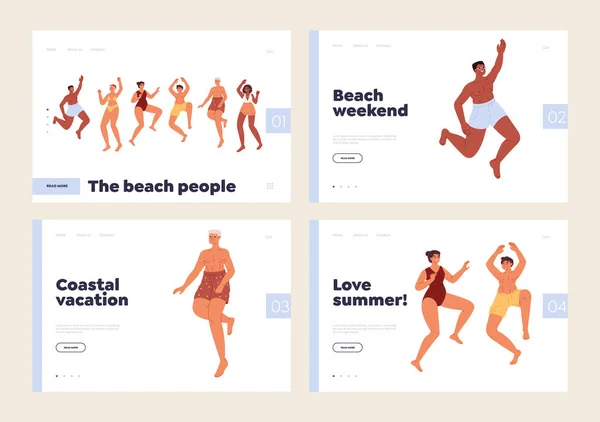 海滩人享受海滨暑假的概念 登陆网页设置快乐的年轻游客舞蹈 快乐的学生们在海上度过暑假 卡通平面矢量插图 — 图库矢量图片