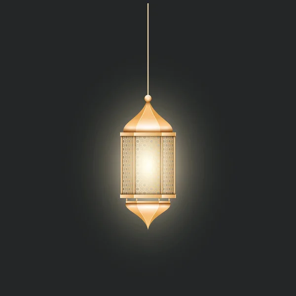 Vintage Gold Arabic Lantern Glowing Candle Realistic Hanging Luminous Lamp — Stock Vector