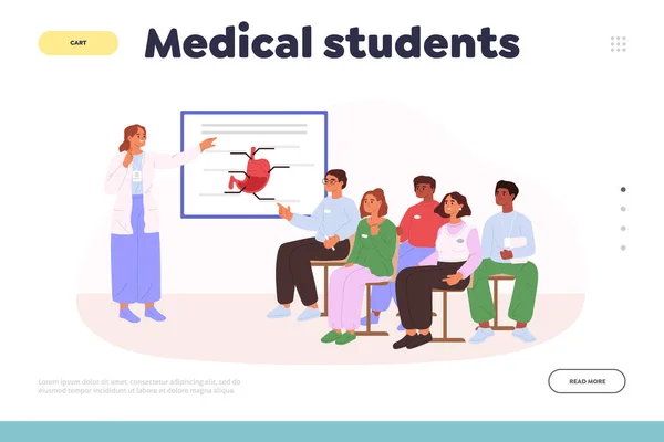 医学生は教室で医師の講義を聞くクラスでページを着陸させます 若い人たちの教室で胃の手術や病気について質問します 平面ベクトル図 — ストックベクタ