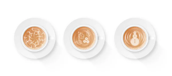 拿铁艺术设置 用咖啡或卡布奇诺泡沫在白色3D杯中进行分离的写实主义图像 Barista和咖啡店的概念 美丽的早晨咖啡 矢量说明 — 图库矢量图片