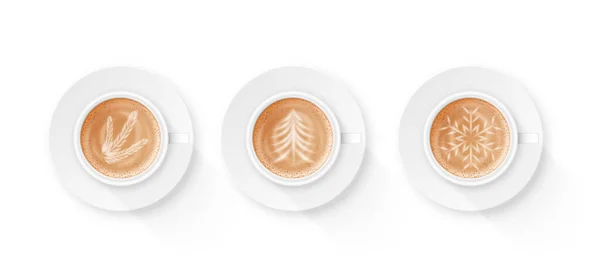 拿铁艺术套件 现实咖啡卡布奇诺泡沫图纸在杯子隔离 顶部视图 咖啡店和咖啡店的Barista艺术品概念 美丽的早晨咖啡 矢量说明 — 图库矢量图片