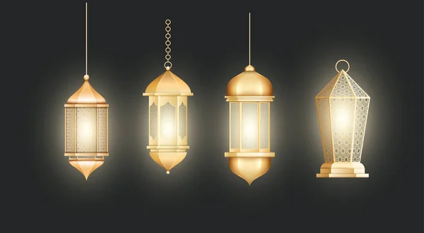 Conjunto Realista Hermosas Lámparas Ornamentales Musulmanas Que Cuelgan Las Cadenas — Archivo Imágenes Vectoriales