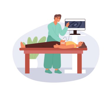 Gastroenterolog, adamın karnını inceliyor. Doktor karın ağrısı hastalığını tedavi etmek için ultrason taraması yapıyor. Sağlık kontrolü, sağlık hizmeti konsepti. Çizgi film düz vektör çizimi