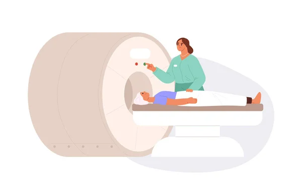 Hemşire Adamı Manyetik Rezonans Görüntülemesine Hazırlıyor Doktor Hastalara Teşhis Koyuyor — Stok Vektör