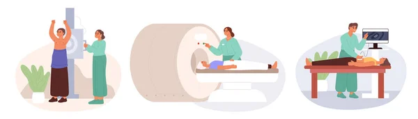 Set Screening Scansione Del Paziente Ill Facendo Risonanza Magnetica Ultrasuoni — Vettoriale Stock