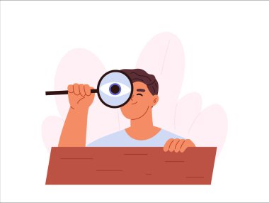 Meraklı genç adam gözetliyor, gözetliyor, sinsice yaklaşıyor. Gizlice büyüteçten bakan bir çocuk. Şüpheli erkek dikiz, dikkat et, ara. Çizgi film düz vektör çizimi