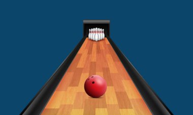 Bowling salonunda kırmızı top Skittles 'a çarptı, dinamik set. Boş zaman ve bowling turnuvası konsepti için gerçekçi bir unsur. 3d vektör illüstrasyonu