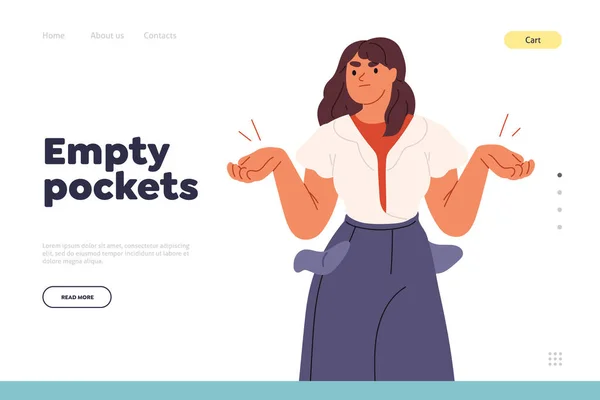 Empty Pockets Concept Landing Page Poor Woman Has Money Savings — 스톡 벡터