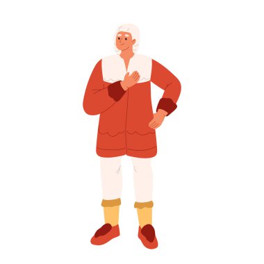 18. yüzyıl kostümlü genç adam. Eski moda kıyafetleri ve beyaz peruklu erkek karakter izole edilmiş. Barok ve soylu Avrupa rönesans tarzı. Çizgi film düz vektör çizimi