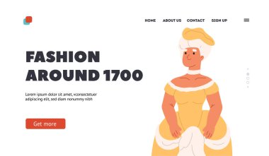 17. yüzyıl modası. Karnaval ya da balo için giyinmiş asil bir kadınla iniş sayfası. Retro kostüm ve peruklu kadın karakter. Barok tarzı kıyafetler. Çizgi film düz vektör çizimi