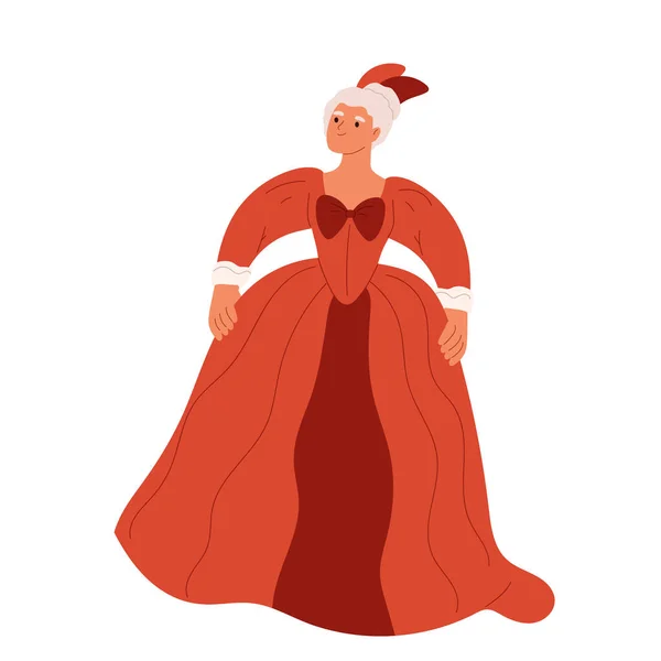 卡通人物女王身着18世纪服装 穿着复古时尚服饰的贵妇被白色背景隔离 巴洛克风格和复兴风格 卡通平面矢量插图 — 图库矢量图片