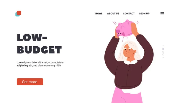 Low Budget Concept Landing Page Woman Shaking Empty Pink Piggy — Archivo Imágenes Vectoriales