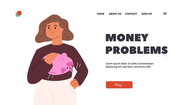 Money Problems Concept Landing Page Young Poor Woman Shaking Empty — Archivo Imágenes Vectoriales