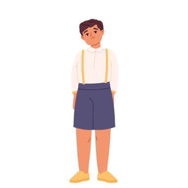 Small boy sad and upset standing with no emotions. Little kid alone unhappy. Awkward child toddler embarrassed worried and anxious. Cartoon flat vector illustration