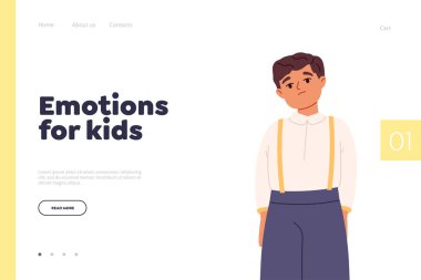 Emotions for kids concept of landing page with small boy sad and upset stand with no emotions. Little kid alone unhappy. Child toddler embarrassed worried and anxious. Cartoon flat vector illustration