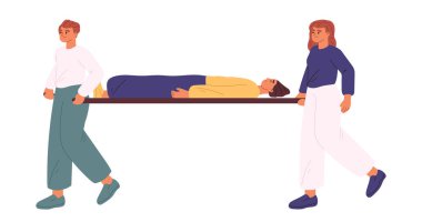 Man and woman transporting injured unconscious patient on medical stretchers to hospitalization after accident. Reanimation procedure and first aid courses training. Cartoon flat vector Illustration