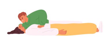 Man doing artificial respiration for breathless unconscious woman lying on floor after accident. Reanimation procedure and first aid courses training. Cartoon flat vector Illustration