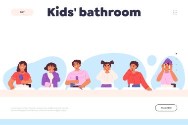 Kids bathroom concept of landing page with children doing morning daily routine and hygiene, brush teeth, use dental floss, combing hair and wash face. Cartoon flat vector illustration