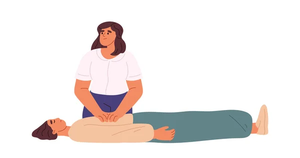 Woman Doing Indirect Heart Massage Breathless Unconscious Man Lying Floor — Stock Vector